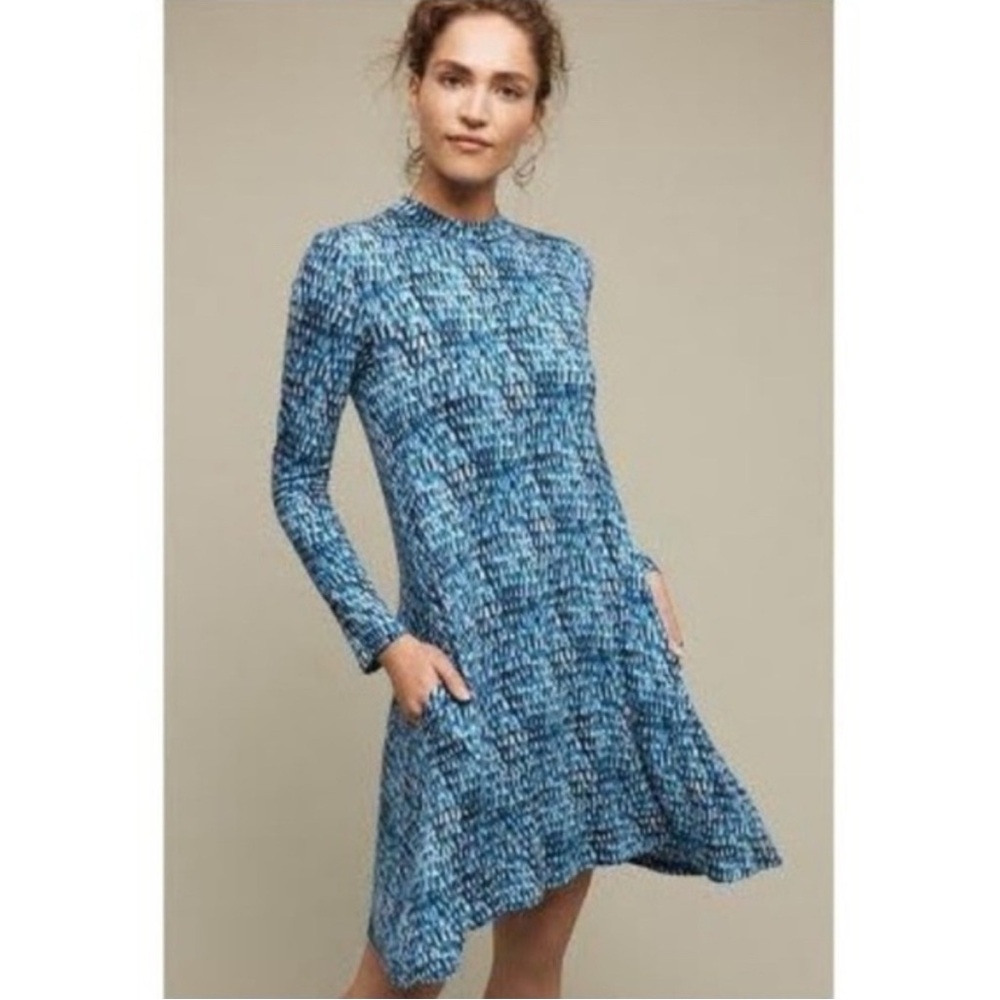 Maeve Blue and White A-Line Long Sleeve Dress